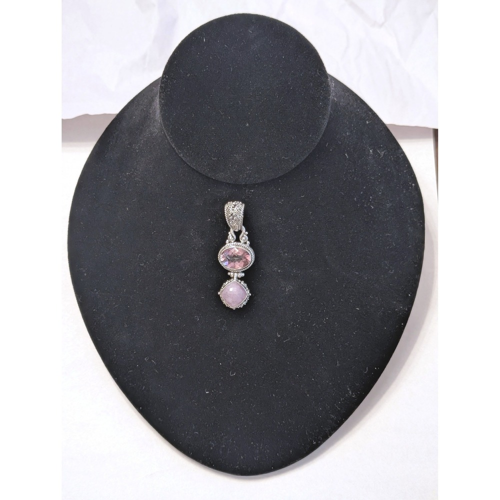Sarda Sterling Silver Pink Quartz & Rose De France Balinese Style Pendant Ornate - Picture 5 of 8